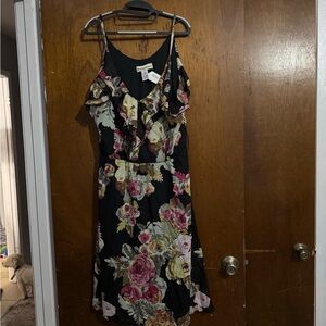 Black Floral Ruffle Midi Dress with Pink and Cream Blooms - Unbranded